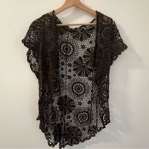 crochet cardigan with tie bow || brown